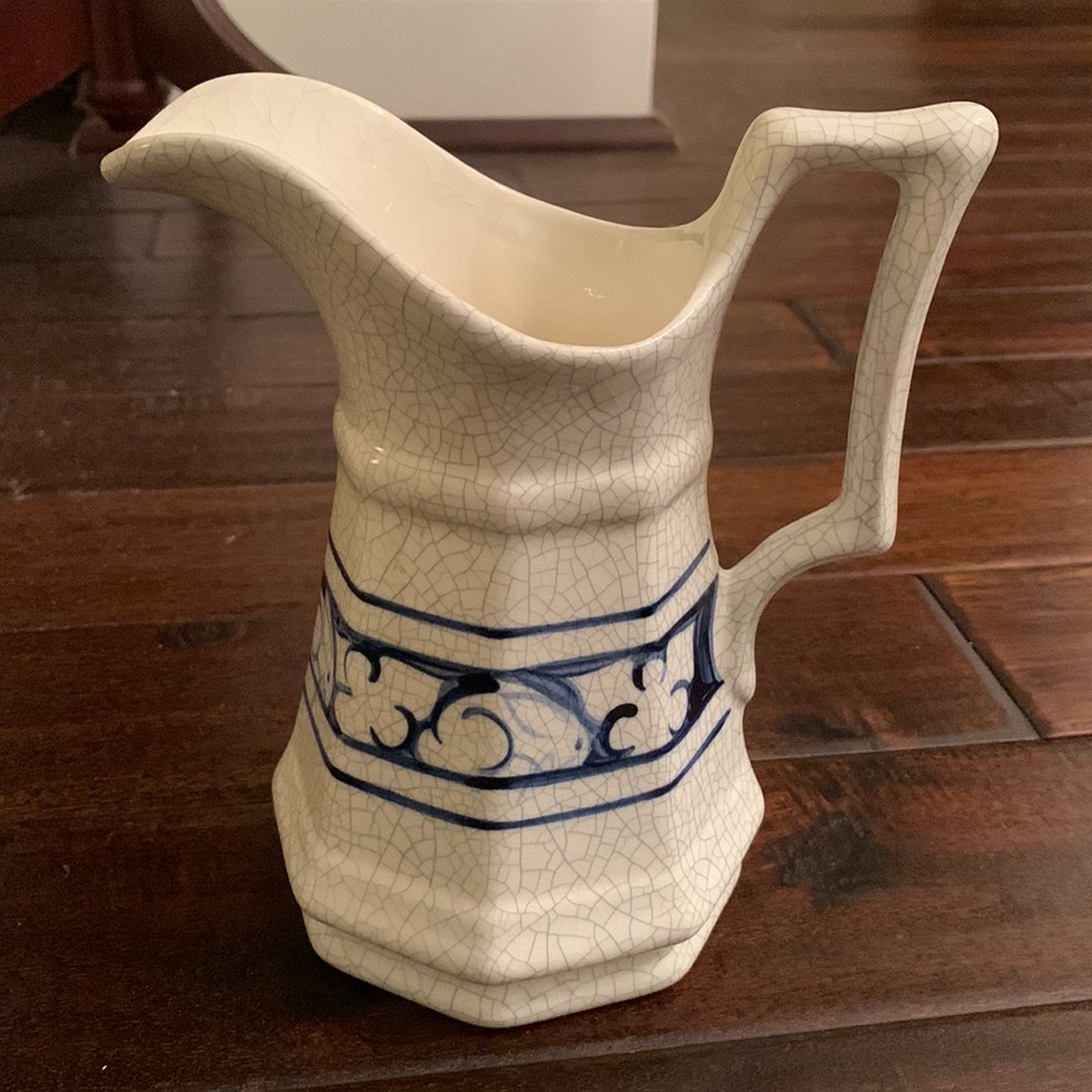 Vintage Dedham Blue and White Rabbit Crackle Pattern Pitcher with handle